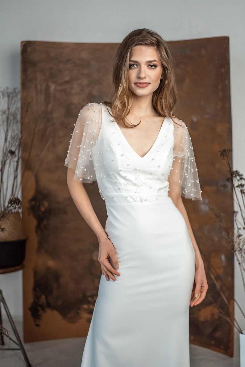 Pearl Overlay Top Modern Wedding Dress Angel Sleeve V - Etsy