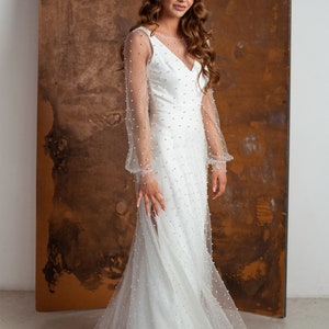 Pearl overlay gown, Modern wedding dress, Bishop sleeve, V shaped dress image 3