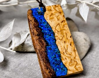 Masur Birch & Crushed Opal Pendant – Handmade Wooden Jewelry with Blue River Flow