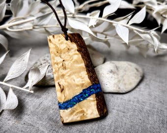 Masur Birch & Crushed Opal Pendant – Handmade Wooden Jewelry with Blue River Flow