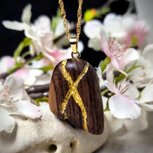 Handcrafted Walnut Wood Kintsugi Art Pendant with 24k Gold Inlay