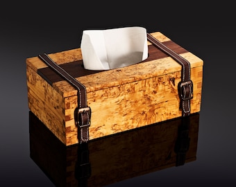 Wood Tissue Box Holder - Burl Box Tissue Cover With Leather Straps - Tissue Box Cover - Exotic Wood Cube Tissue Holder - Home Deco