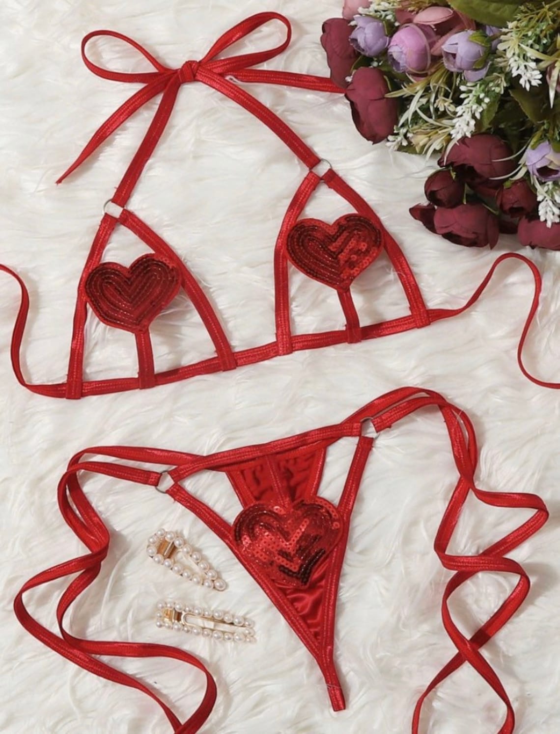 Sequins red heart lingerie set | Etsy