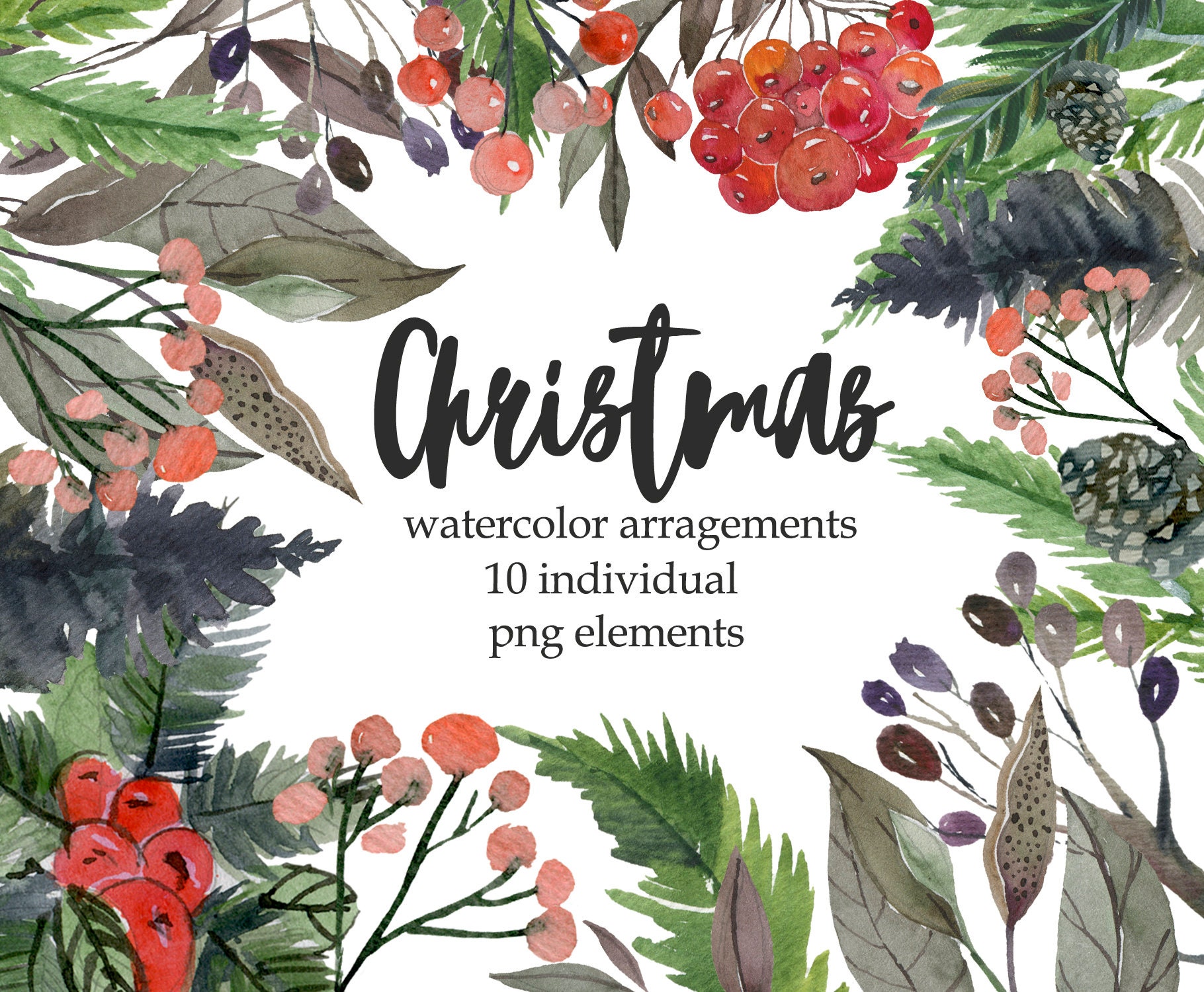 Watercolor christmas greenery clipart. Nordic holiday winter | Etsy