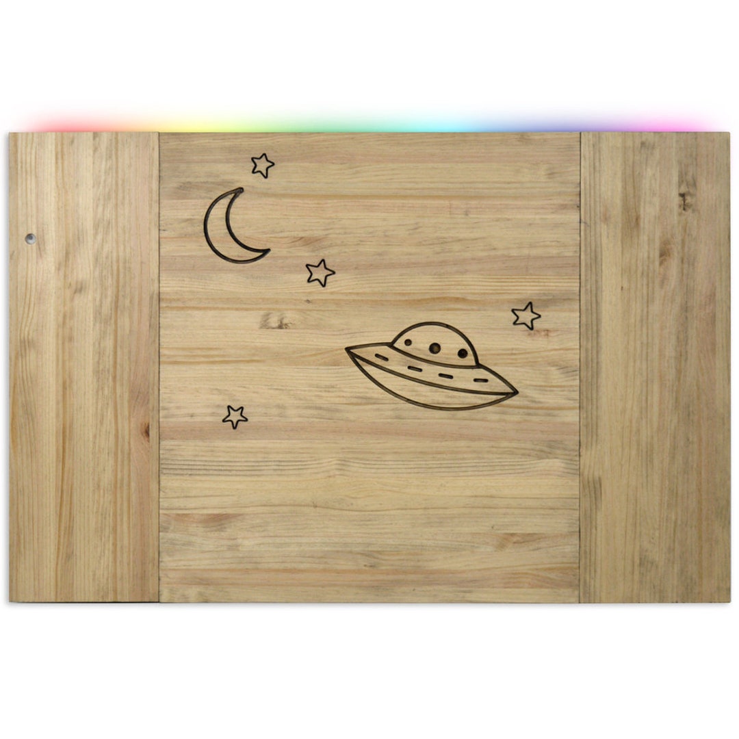 UFO Children's Headboard With Led 100x70cm in Solid Pine Wood Natural