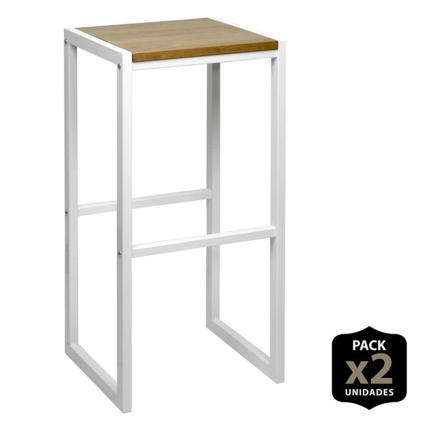 Pack de 2 Tabourets Hauts ICub 36x32x75 Cm Blanc En Bois Massif Pin Finition Vintage Style Industriel Box Meubles