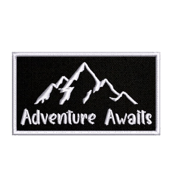 Adventure Awaits Mountain Patch brodé thermocollant/à coudre pour vêtements, veste, sac à dos, sentier de randonnée naturel, badge de camping souvenir