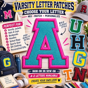 May include: A large, central letter A patch with a bright teal center and a thick hot pink border. The image displays various varsity letter patches in different colors, including green, blue, yellow, orange, and red, alongside text labels.