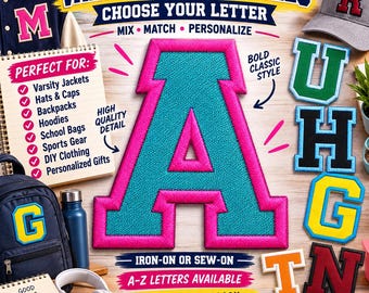 May include: A large, central letter A patch with a bright teal center and a thick hot pink border. The image displays various varsity letter patches in different colors, including green, blue, yellow, orange, and red, alongside text labels.