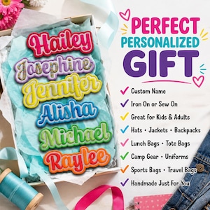 May include: A collection of six embroidered name patches in pink, purple, yellow, blue, green, and orange, displayed in a gift box. Text on the right reads: PERFECT PERSONALIZED GIFT, Custom Name, Iron On or Sew On, Great for Kids & Adults.