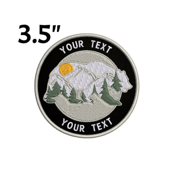Custom Your Text Bear Mountain Trees Personalized Embroidered Patch Iron-On Nature DIY Applique, National Parks, Wild Animals, Hiking Trails