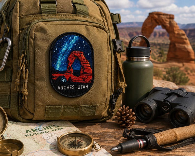 Op de afbeelding: Een beige tactische rugzak met een ovaal geborduurde patch die de rode rotsboog van Arches National Park onder een sterrenhemel weergeeft, met de tekst ARCHES UTAH in het wit onderaan het ontwerp van de patch.