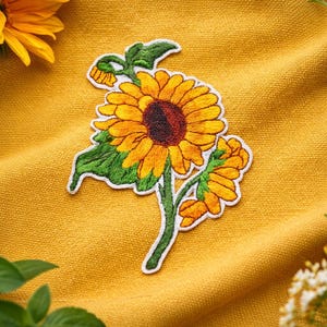 Extra Large Sunflower Applique Patch - Flower Bloom Gardening 3.5" Wide x 5" Tall (Iron on), Sew-On Garden Badge for Vest or Backpack