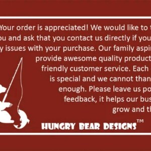 May include: A maroon rectangular card with a white border. The card features a white bear silhouette fishing for a fish. Text on the card reads: "Your order is appreciated!" and "HUNGRY BEAR DESIGNS".