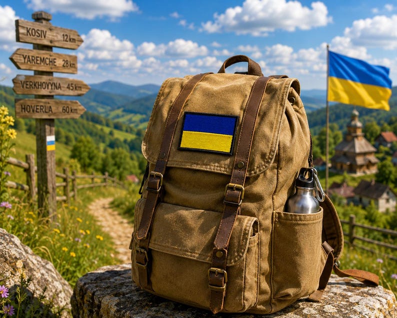 May include: A brown canvas backpack with leather straps and a Ukrainian flag patch. A stainless steel water bottle is in the side pocket. The background includes a wooden signpost, a Ukrainian flag, and a scenic mountain view.