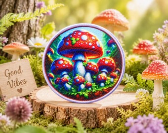 Aplique termocolante de cogumelos mágicos psicodélicos coloridos. Aplique fofo e retrô de cogumelos para roupas, mochilas, jaquetas e bolsas.