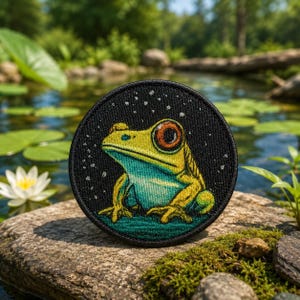 May include: Circular embroidered patch depicting a frog. The frog is rendered in yellow and teal, with prominent orange eyes, set against a black backdrop with white speckles. This patch is designed for application on clothing or accessories.