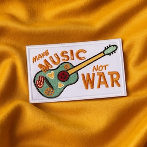Make Music Not War Patch/Retro Guitar Badge/Iron-On Patch/Embroidered Sew-On Applique for Jackets/Vests/Peace & Love Patch/Hippie Festival