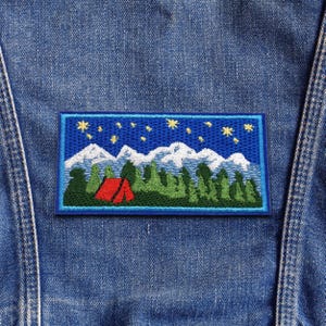 Camping in the Forest Patch Embroidered DIY Iron-On Applique Vest Clothing Hiking Trail Adventure Parks Nature Animals Mountains Trees Stars