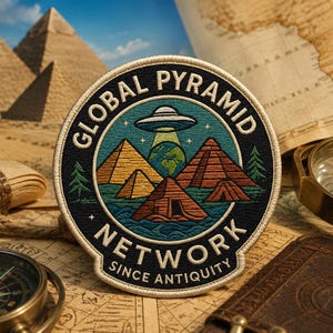 May include: A circular embroidered patch featuring a black border with the text GLOBAL PYRAMID NETWORK SINCE ANTIQUITY. The center depicts a teal sky with a UFO beaming light onto a globe, surrounded by orange pyramids, green trees, and blue water.