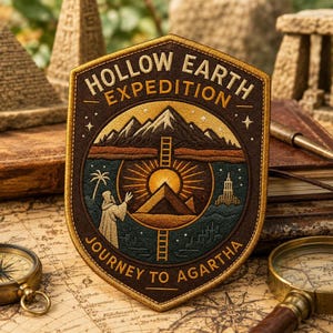 Puede incluir: Un parche bordado en forma de escudo con el texto HOLLOW EARTH EXPEDITION y JOURNEY TO AGARTHA. El diseño muestra una cordillera, un sol radiante sobre una pirámide, una escalera, una palmera y una figura con túnica sobre un fondo oscuro.