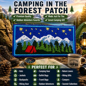 Camping in the Forest Patch/Iron-On Patch/Mountains Trees Stars/Nature Badge/Hiking Adventure/Embroidered Sew-On Applique for Clothing Hats