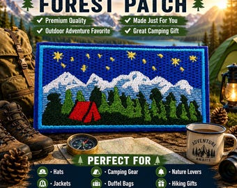 Camping in the Forest Patch/Iron-On Patch/Mountains Trees Stars/Nature Badge/Hiking Adventure/Embroidered Sew-On Applique for Clothing Hats