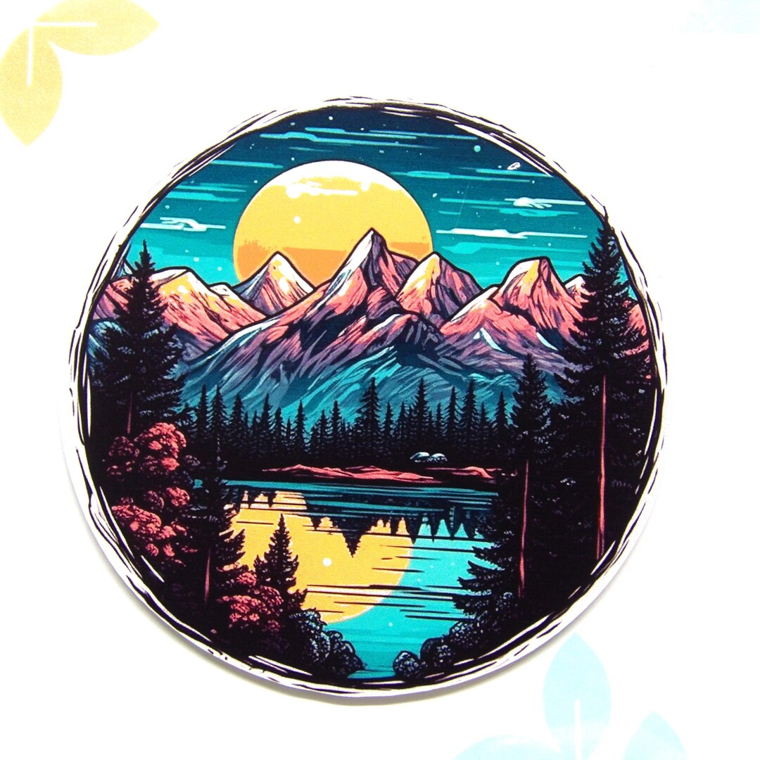 Colorful Mountain Lake Forest River Sticker, Vinyl Stickers Decals ...