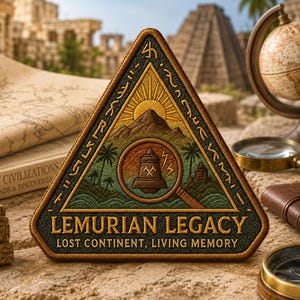 Peut inclure: Un écusson triangulaire brodé représentant un paysage de montagne, des palmiers et une loupe centrale sur un symbole de cloche. Le texte indique LEMURIAN LEGACY et LOST CONTINENT, LIVING MEMORY en fil doré sur un fond vert foncé.