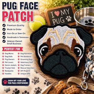 Pug Face Patch/Iron-on Patch/Dog Breed/Animal Lover Gift/Family Pet/Embroidered Sew-On Applique for Clothing, Vest/Jacket Collar Dog Harness