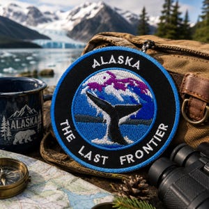 May include: A circular embroidered patch featuring a black whale tail centered against a blue and purple mountain landscape. The black border contains the white text ALASKA at the top and THE LAST FRONTIER at the bottom, with a blue outer edge.