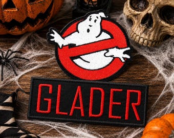 Set of Custom Ghostbusters NAME Tag & No Ghost Logo Iron on PATCH Halloween Costume Embroidered Applique Ghost Buster Uniform