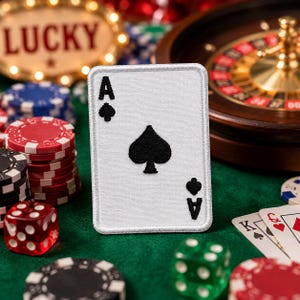 May include: A white Ace of Spades playing card patch with black symbols, surrounded by casino chips, dice, and a roulette wheel. A sign with the word "LUCKY" is in the background. The scene is set on a green felt surface.