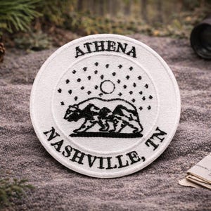 Custom Name Patch w/Personalized Text, Bear Patch, Embroidered Iron-On Applique for Clothing & Backpack, Nature Mountain, Wild Animal Badge