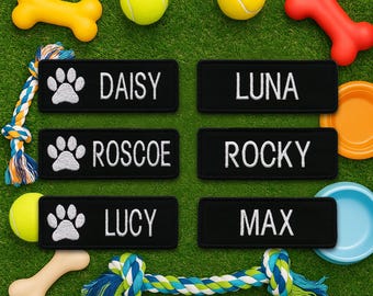 Custom Your Dog Name Embroidered Iron On, Sew On, or Hook & Loop Patch Small, Medium, and Large Sizes Available Personalized Tag Custom Name