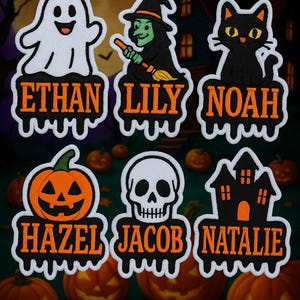 May include: Halloween-themed patches featuring a ghost, witch, black cat, jack-o'-lantern, skull, and haunted house. Each patch has a name in orange lettering: Ethan, Lily, Noah, Hazel, Jacob, and Natalie. The patches have a white border.