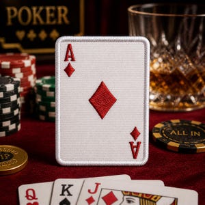 Pode incluir: Patch de carta de jogar Ás de Ouros branco com símbolos de ouros vermelhos e a letra "A". O patch está em uma superfície vermelha com fichas de pôquer, um copo de líquido âmbar e outras cartas de jogar no fundo.