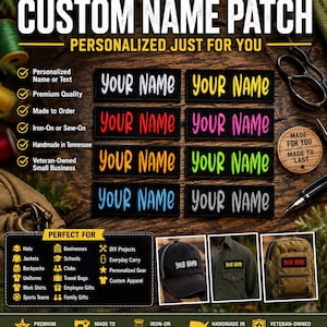 May include: A collection of rectangular black fabric patches featuring the embroidered text YOUR NAME in various colors including white, yellow, red, pink, orange, green, light blue, and grey, displayed alongside examples on a hat, jacket, and backpack.