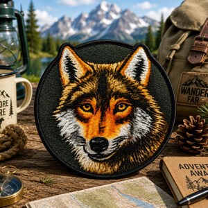 May include: A circular patch with a detailed wolf portrait in shades of brown, orange, and white, on a dark green backdrop. The image is surrounded by outdoor adventure items, such as a compass, a mug with "Explore More" and a backpack.