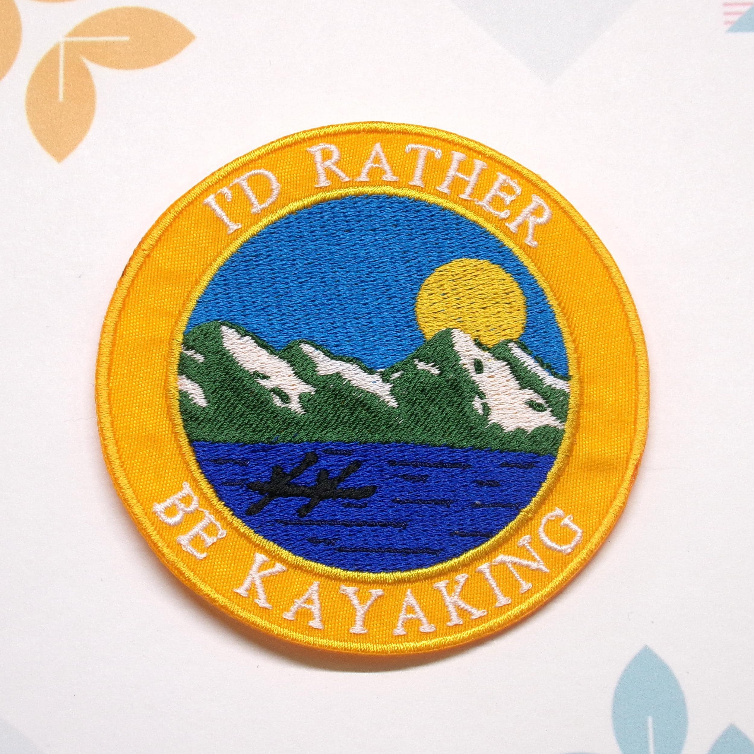 I'd Rather Be Kayaking Patch Embroidered Iron-On Applique for Clothing & Backpacks, Water Sports Patch, Sun Mountains Lake Nature Themes