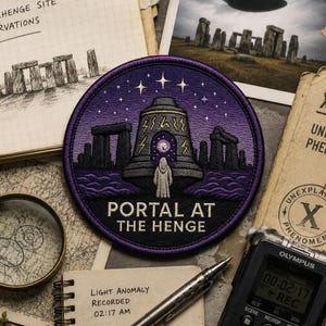 May include: A circular embroidered patch featuring a purple night sky with stars above a stone monument. A figure in a light-colored robe stands before a central stone structure with a glowing portal. The text reads PORTAL AT THE HENGE.