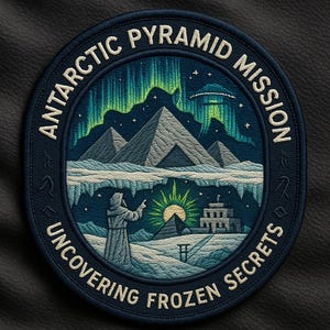 May include: Embroidered patch with a circular design featuring the text "Antarctic Pyramid Mission Uncovering Frozen Secrets." The image depicts pyramids, aurora borealis, a UFO, and a figure in a robe. The patch is navy blue with white and teal accents.