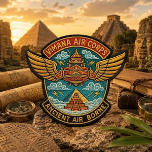 May include: A circular embroidered patch with a black border featuring a golden winged structure above a stepped pyramid. The text VIMANA AIR CORPS is arched at the top, and ANCIENT AIR BORNE is arched at the bottom. The design includes blue clouds and yellow lightning bolts on a teal background.