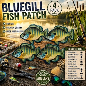 Blue Gill Fish Patch Set of 4 | Quality Embroidered Iron-On Patches for Jackets, Hats, Vests, Backpacks | Fly Fishing | Sports Angler | DIY