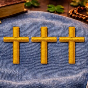 Medium Cross Applique Patch - Gold Jesus Christian Badge 2" (3-Pack, Iron on)