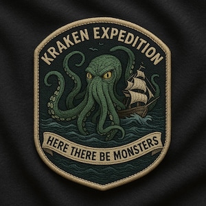 Kraken Sea Monster Patch/Here There Be Monsters/Horror Cryptids/Iron-On Patch/Paranormal Badge/Government Secret/Sew-On Applique for Clothes