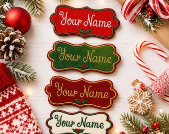 Christmas Stocking NAME PATCH - 5" x 2" Custom Personalized Iron On or Sew On Patch, Embroidered Applique Patch, Festive Font, 1 Patch