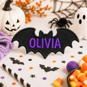 Custom Bat Name Patches for Kids, Custom Name Patch, Iron on / Hook & Loop Embroidered Patch for Backpacks, Custom Spooky Season Name Patch