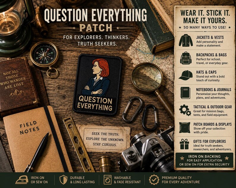 May include: A rectangular embroidered patch featuring a stylized illustration of a person with red hair and a dark blazer, with the text "QUESTION EVERYTHING" below. The patch is surrounded by various outdoor gear including a compass, camera, and notebook.