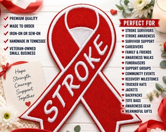 Stroke Awareness Support Ribbon Patch/Iron On Patch/Red Ribbon/Fundraiser Gift/Embroidered Sew-On Applique for Clothing, Vest/Jacket, Hat